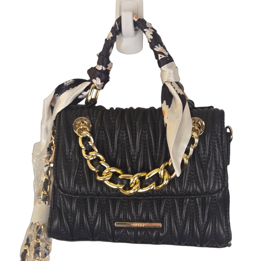 ALDO Women's Black Floral Faux Leather Satchel Handbag Gold Hardware